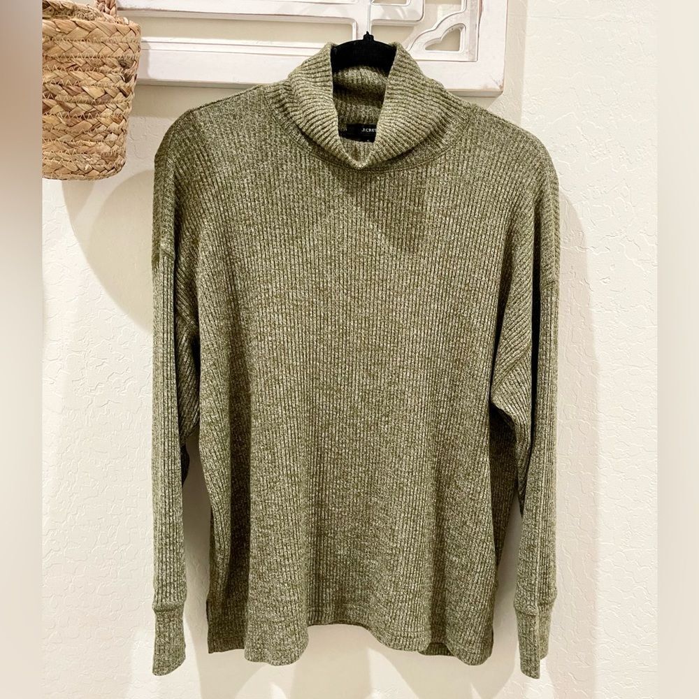 J Crew green ribbed mock neck oversized tunic Small